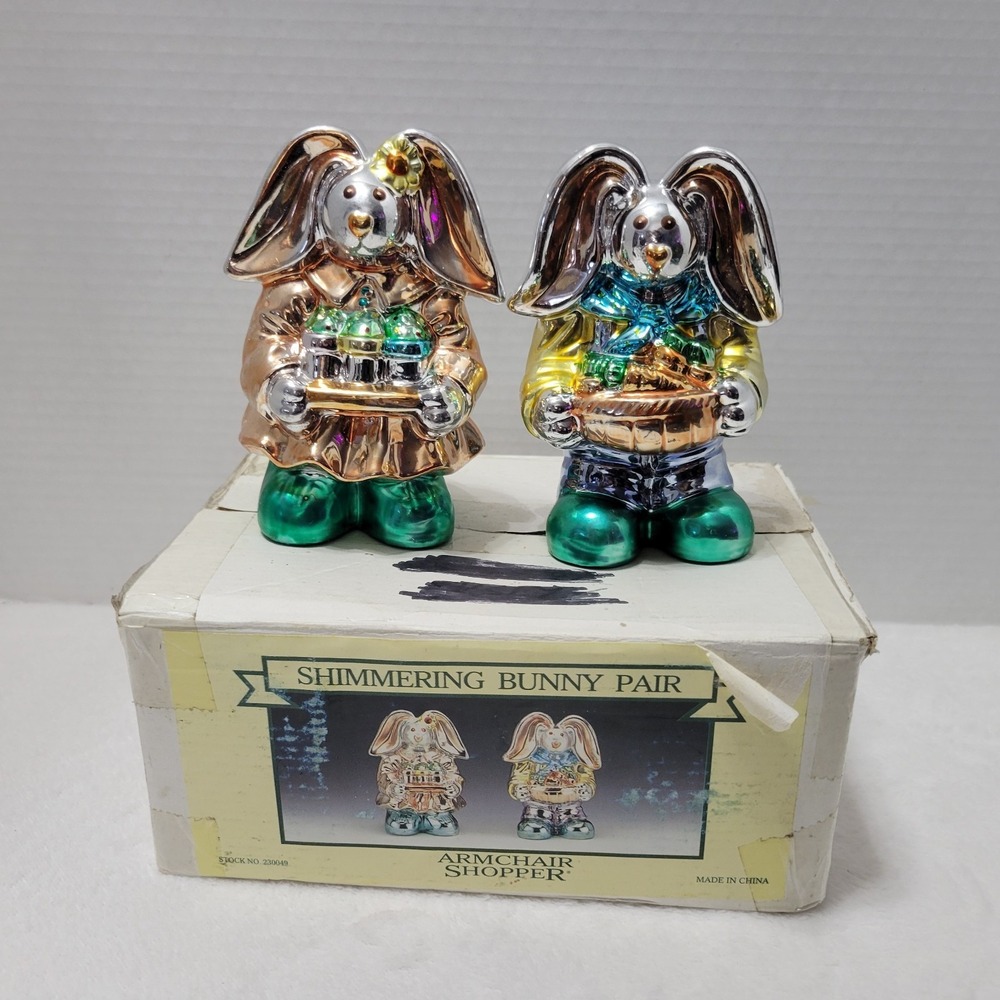 Armchair‎ Shopper Shimmering Bunny Pair Easter Hand Blown Mercury Glass So Cute!